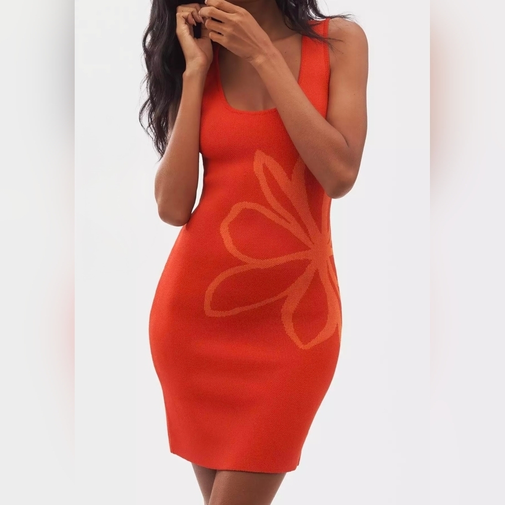 Flat White Anthro Sleeveless Square-Neck Flower-Print Knit Mini Dress Red Orange - Picture 7 of 11